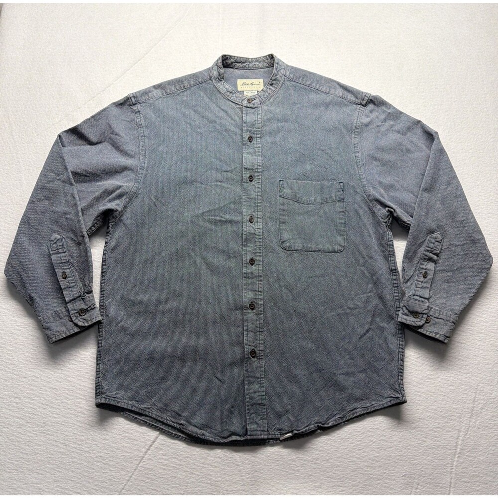 Vintage 90s Eddie Bauer Band Collar Chambray Pinstripe Shirt Blue Cotton Mens M
